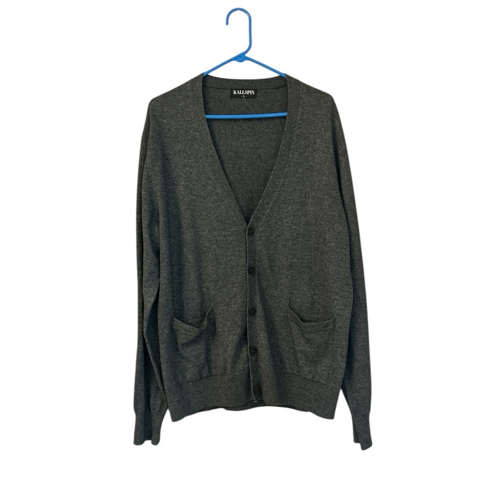 KALLSPIN Wool Cashmere Blend Classic Heather Gray Sweater Cardigan Size L
